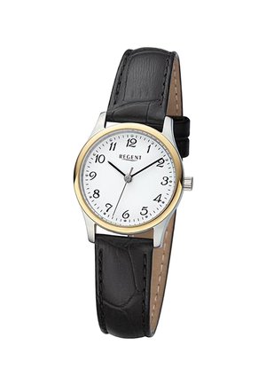 Montre-bracelet analogique classique avec cadran blanc, chiffres arabes noirs, lunette dorée, boîtier argenté et bracelet en cuir noir. L'heure indiquée est 10:10:33.
