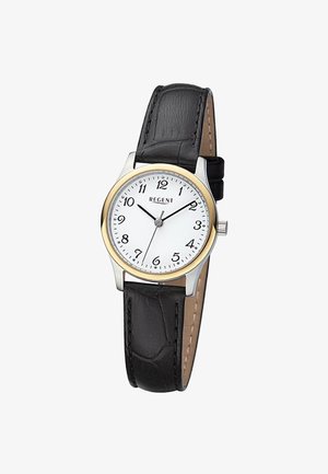 Montre-bracelet analogique classique avec cadran blanc, chiffres arabes noirs, lunette dorée, boîtier argenté et bracelet en cuir noir. L'heure indiquée est 10:10:33.