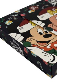 Calendario dell'Avvento Disney Minnie Mouse in nero con design festivi. Presenta porte numerate, accenti natalizi e immagini del personaggio dei cartoni.