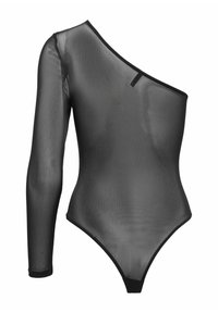 Sort gennemsigtig bodystocking med asymmetrisk design på den ene skulder, lange ærmer og g-strengsklip. Blød tekstur med elastisk kantdetalje.