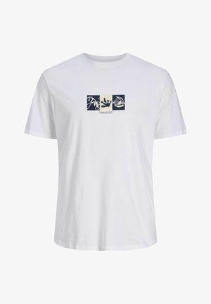 Valge puuvillane T-särk, millel on graafiline disain siniste ja kreemjate ristkülikutega ning tekstureeritud kiri keskosas. Lühikesed varrukad, ümmargune kaelus.