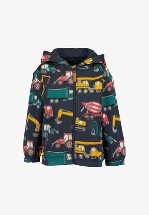 Giacca per bambini con cappuccio blu navy con veicoli da costruzione colorati, tra cui escavatori, camion ribaltabili, betoniere e gru stampati su tutta la superficie.