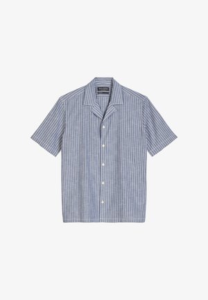 Koszula z krótkim rękawem w niebieskim materiale w białe pionowe paski. Wyposażona w kołnierzyk i sześć guzików z przodu. Lekka i przewiewna tkanina.