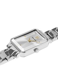 Orologio da polso argento con cassa rettangolare, bracciale metallico e quadrante argentato testurizzato. Presenta indici delle ore e lancette dorate.