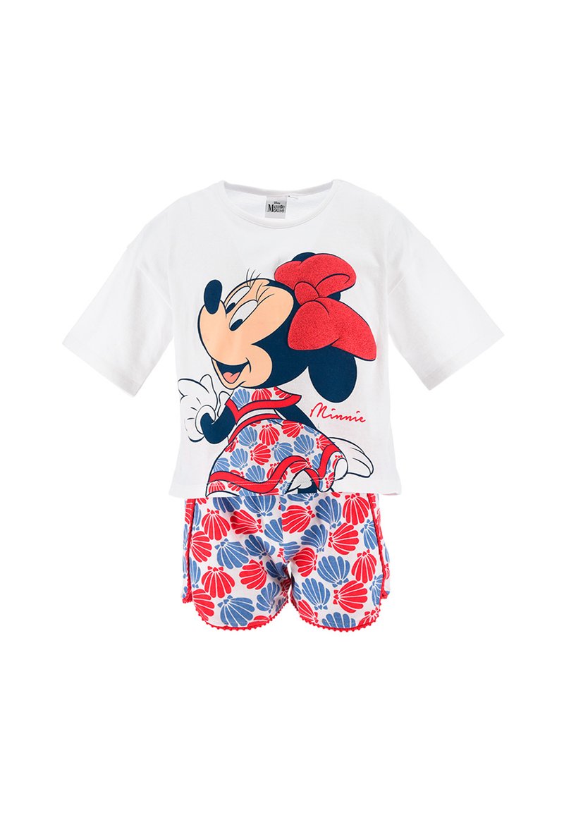 Set di abbigliamento da notte a tema Minnie Mouse, composto da una maglietta bianca a maniche corte con stampa grafica, abbinata a pantaloni corti a motivo conchiglia rossi e blu.