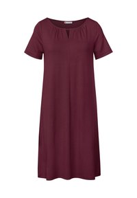 Burgundy lyhythihainen mekko pyöreällä pääntiellä ja etupuolen avaimenreikätuote, valmistettu sileästä, kevyestä kankaasta, jossa on rento istuvuus.