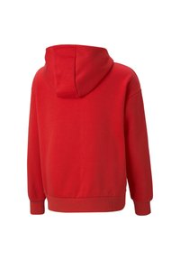 Červená mikina s kapucí, dlouhými rukávy a žebrovanými manžetami a lemem, zobrazená zezadu na bílém pozadí.