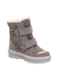 Graue Winterstiefel mit einem Obermaterial aus Wildleder, verstellbaren Klettverschlüssen, rosa Futter aus Fell und einer dicken, strukturierten Sohle für besseren Halt.