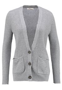 Šedý pletený kardigan s výstřihem do V, zapínáním na knoflíky a dvěma předními kapsami. Celý materiál je se vzorovanou strukturou a žebrovanými manžetami.