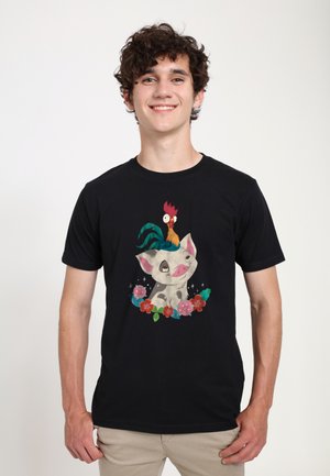 Black cotton t-shirt featuring a cartoon pig with a pink snout and flowers, topped with a colorful chicken against a simple background.
