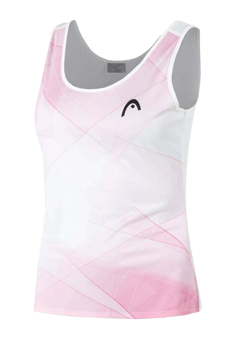 White athletic tank top with a gradient pink design and diagonal lines; features a black logo on the chest. Made of lightweight fabric.