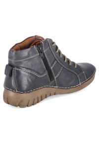 Dark blue leather ankle boots with a textured finish, features a side zipper, stitched accents, and a flexible brown rubber sole.
