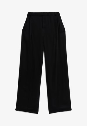 Zwarte wijde broek met een elastische tailleband, voorzien van twee zijzakken en een gladde stof voor extra comfort.