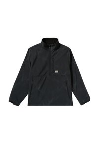 Schwarze Pulloverjacke mit hohem Kragen, ausgestattet mit einem Reißverschluss auf der Vorderseite, zwei seitlichen Taschen und einer strukturierten Wellenmuster-Optik.