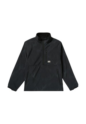 Veste pull noire avec un col montant, dotée d'une fermeture éclair à l'avant, de deux poches latérales et d'une texture en motif de vagues superposées.