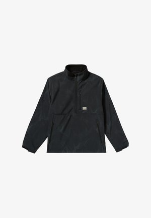 Zwarte pulloverjack met hoge kraag, voorzien van een ritssluiting aan de voorkant, twee zijzakken en een gelaagde golfpatroontextuur.