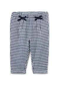Marineblauwe en witte houndstooth-patroonbroek met een elastische tailleband en twee decoratieve strikken aan de voorkant, gemaakt van zachte stof met een gestructureerde afwerking.