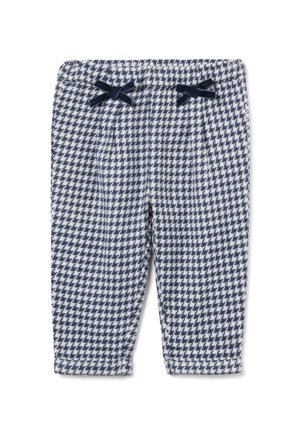 Pantalons à motif pied-de-poule bleu marine et blanc avec taille élastique et deux nœuds décoratifs sur le devant, fabriqués à partir d'un tissu doux avec une finition texturée.