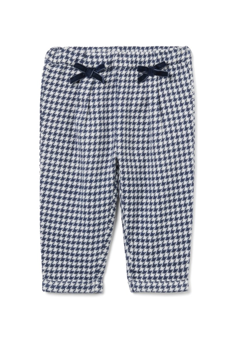 Marineblauwe en witte houndstooth-patroonbroek met een elastische tailleband en twee decoratieve strikken aan de voorkant, gemaakt van zachte stof met een gestructureerde afwerking.