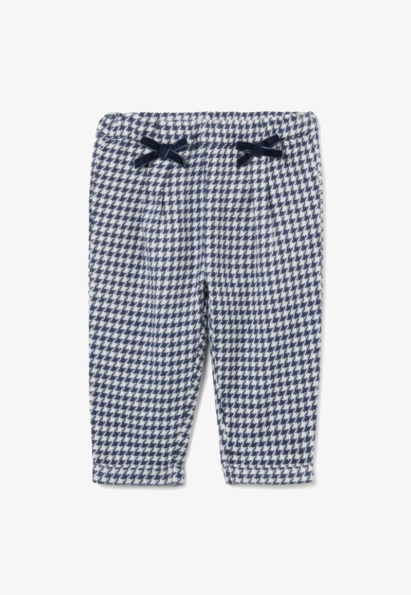Marineblauwe en witte houndstooth-patroonbroek met een elastische tailleband en twee decoratieve strikken aan de voorkant, gemaakt van zachte stof met een gestructureerde afwerking.