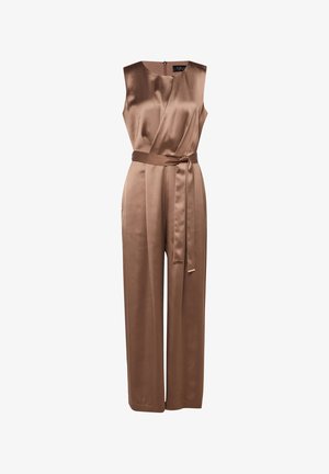 Ärmelloser Jumpsuit aus bronzefarbenem Satin mit Wickeloberteil, weitem Bein und passendem Taillengürtel.