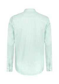 Muntgroene gestreepte lange mouw shirt met een kraag, knopenmanchetten en een afgeronde zoom. Katoenen stof met een gladde textuur.