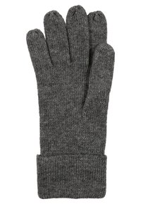 Graue gestrickte Handschuhe mit fünf Fingern, einem gerippten Bund und einer weichen Textur, geeignet für kaltes Wetter.