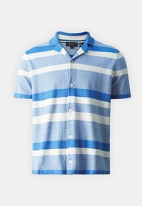 Camicia a maniche corte a righe in diverse tonalità di blu e bianco, con colletto e patta con cinque bottoni; texture del tessuto morbida.