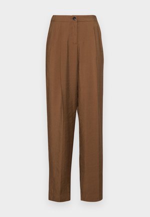 Braune, hoch taillierte Hose aus glattem Material, mit einem vorderen Knopfverschluss, Falten und einem geraden Beinabschluss.