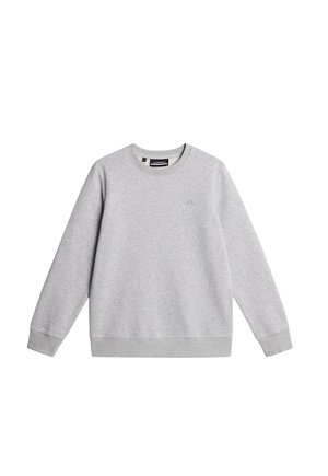 Grå sweatshirt i mjukt tyg, med rund halsringning, långa ärmar, ribbade muddar och en liten logotyp på bröstet.