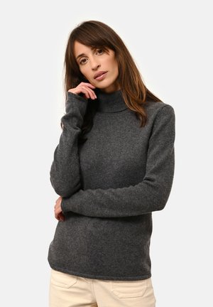 Pull en col roulé gris en maille douce, au design ajusté, à manches longues, avec un col et des poignets côtelés, offrant une texture lisse.
