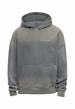 Gray hooded sweatshirt with front kangaroo pocket and "DROPSIZE" logo embroidered on the chest, featuring ribbed cuffs and hem.