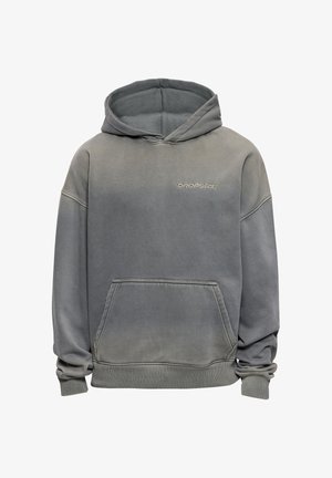 Gray hooded sweatshirt with front kangaroo pocket and "DROPSIZE" logo embroidered on the chest, featuring ribbed cuffs and hem.