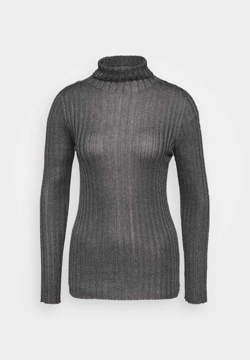 Pull col roulé à manches longues côtelé gris foncé avec silhouette ajustée et motif tricoté texturé.