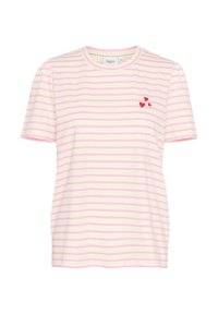 T-shirt à rayures en coton doux, avec de fines rayures roses et blanches, décolleté rond et petite broderie en forme de cœur rouge sur la poitrine.