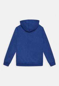 Felpa blu con cappuccio, polsini e vita a costine, realizzata in un tessuto morbido. Il retro è semplice, senza loghi o motivi visibili.