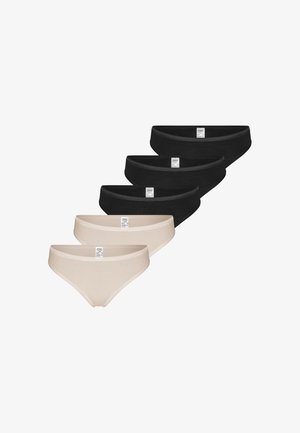 Five cotton bikini-style women's underwear in black and beige, arranged in two rows with tags visible on the inside waistband.