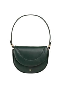 Borsa a spalla a mezzaluna in pelle verde scuro con patta curva e tracolla corta, caratterizzata da piccoli dettagli in metallo dorato.