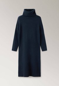 Robe pull col roulé longue bleu foncé avec manches longues et bord-côtes aux poignets et à l'ourlet, présentée sur un fond clair uni.