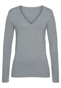 Maglione grigio a maniche lunghe con scollatura a V in una morbida trama a costine. Presenta una forma aderente con un scollo liscio, senza decorazioni visibili.