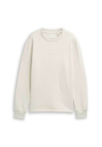Lichtbeige sweatshirt met een ronde halslijn, lange mouwen en geribde manchetten. Het materiaal lijkt zacht met een subtiele tekstuur.
