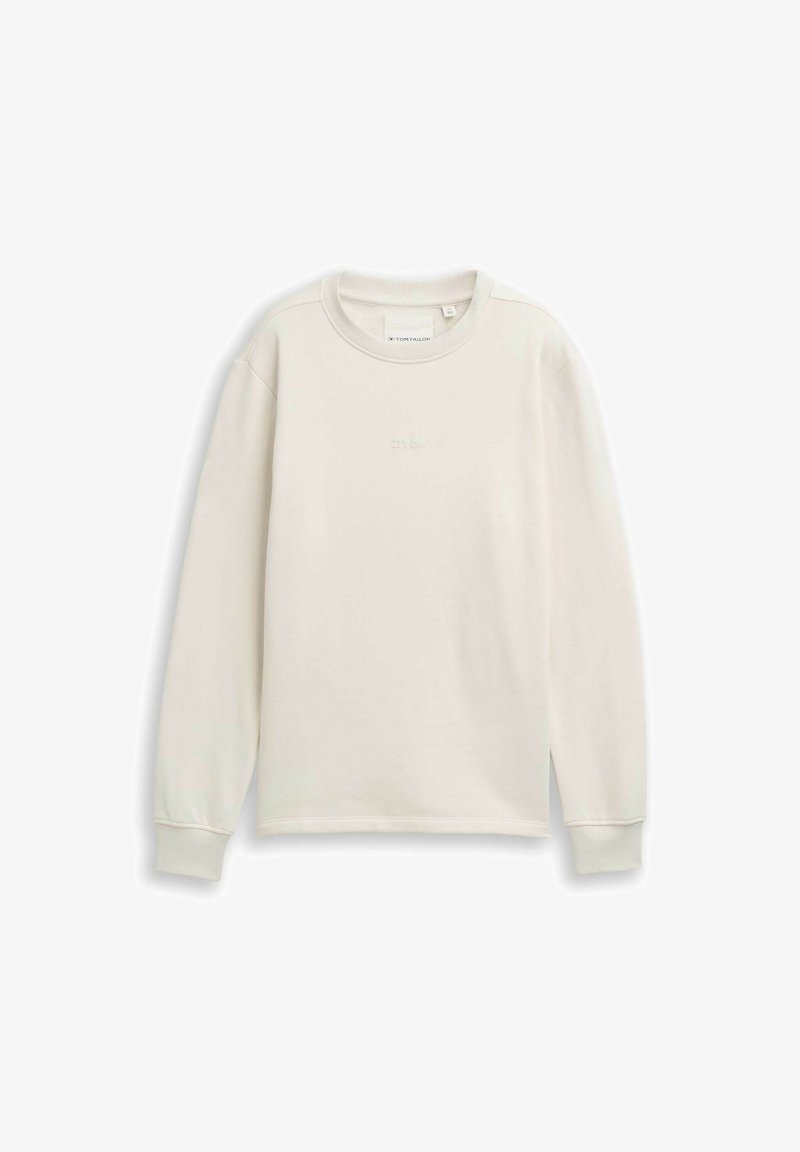 Lys beige sweatshirts med rund halsudskæring, lange ærmer og ribbede manchetter. Materialet ser blødt ud med en subtil tekstureret finish.