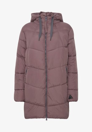 Padded coat in mauve with a hood, grey drawstrings, and front zip closure. Features side pockets and triangle logo accent on lower side.