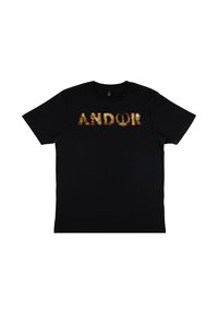 Sort bomuld t-shirt med ordet "ANDOR" i multicolor bogstaver med en tekstureret design. Korte ærmer og rund hals.