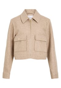 Giacca accorciata beige realizzata in tessuto morbido con chiusura a zip, colletto a punta, due tasche frontali e bottoni a pressione color oro.
