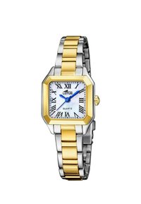 Quarzuhr mit quadratischem Zifferblatt, weißem Perlmuttzifferblatt, Armband aus gold- und silberfarbenem Edelstahl, römischen Ziffern als Stundenmarkierungen und blauen Zeigern.