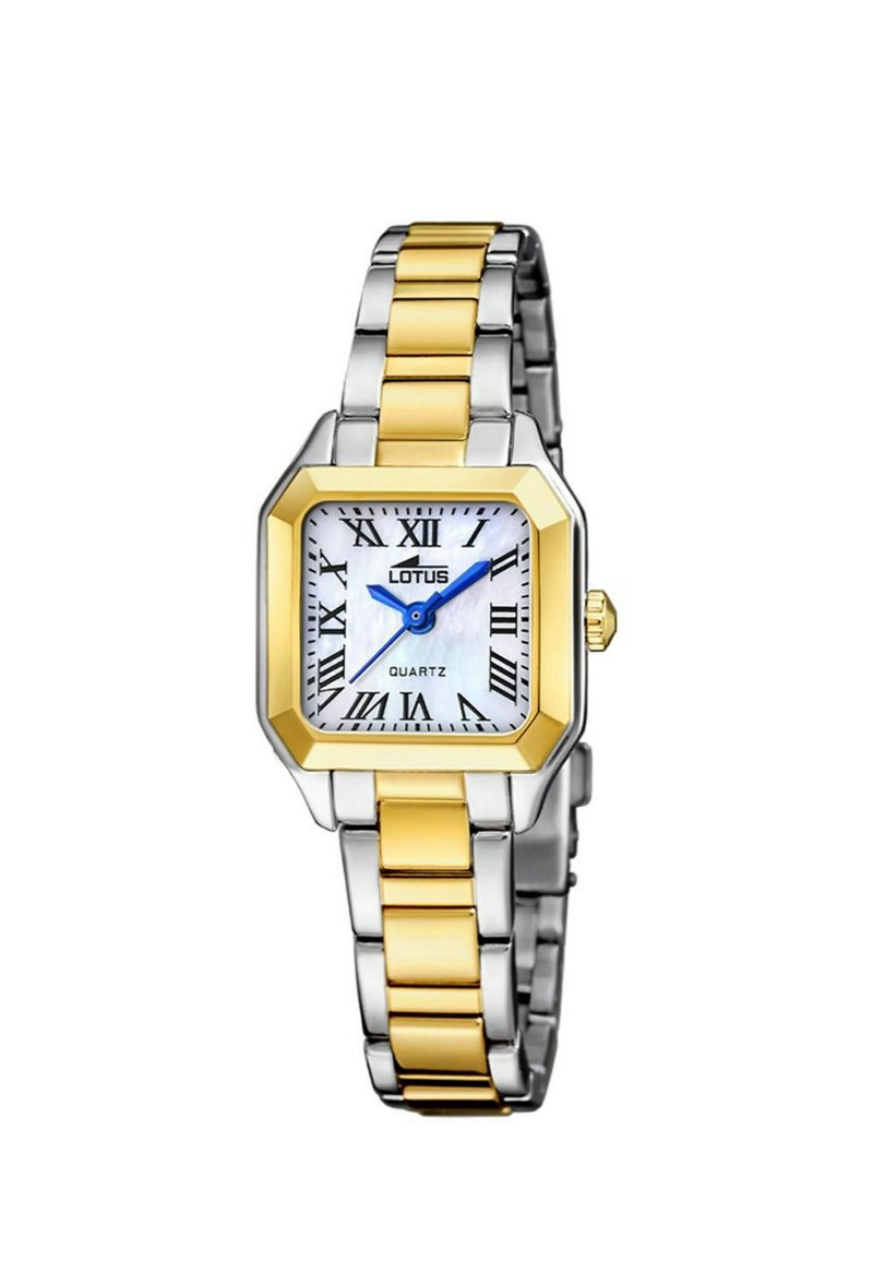 Quarzuhr mit quadratischem Zifferblatt, weißem Perlmuttzifferblatt, Armband aus gold- und silberfarbenem Edelstahl, römischen Ziffern als Stundenmarkierungen und blauen Zeigern.