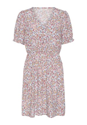 Hellblaues kurzes Kleid mit pinkem, orangefarbenem und lila Blumenmuster, V-Ausschnitt, kurzen Puffärmeln, Knöpfen vorne und elastischer Taille.