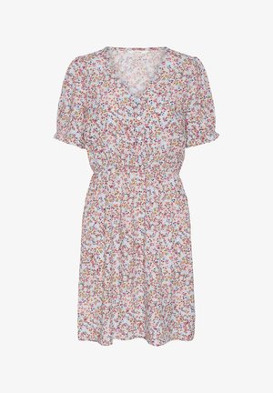 Hellblaues kurzes Kleid mit pinkem, orangefarbenem und lila Blumenmuster, V-Ausschnitt, kurzen Puffärmeln, Knöpfen vorne und elastischer Taille.