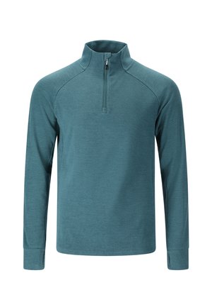 Tropicalgrüner Pullover mit langen Ärmeln und kurzer Reißverschluss-Kopföffnung, aus einem weichen, strukturierten Stoff und mit Raglanärmeln. Schlichtes Design, geeignet zum Layering.